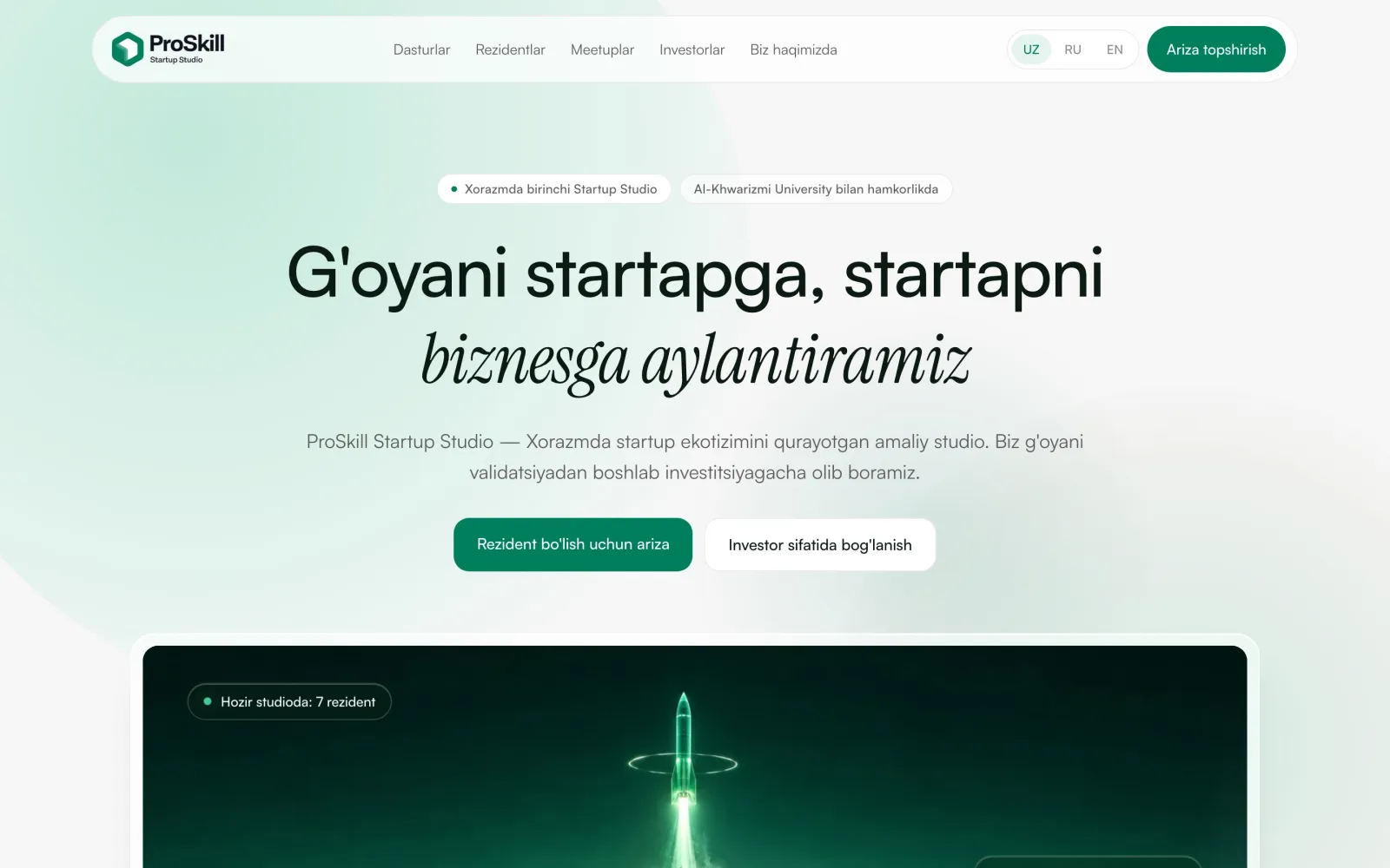 ProSkill Startup Studio — loyiha ekrani